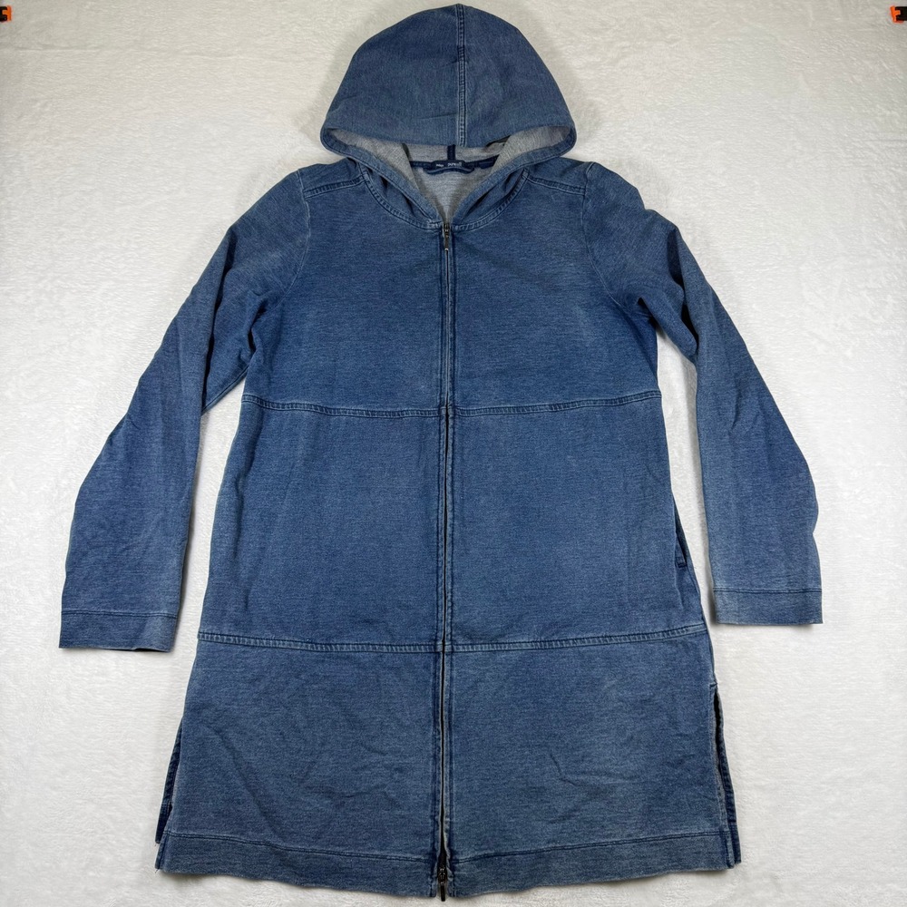 Indigo Pure Jill Womens Blue Cotton Blend Long Full-Zip Hooded Jacket Size S